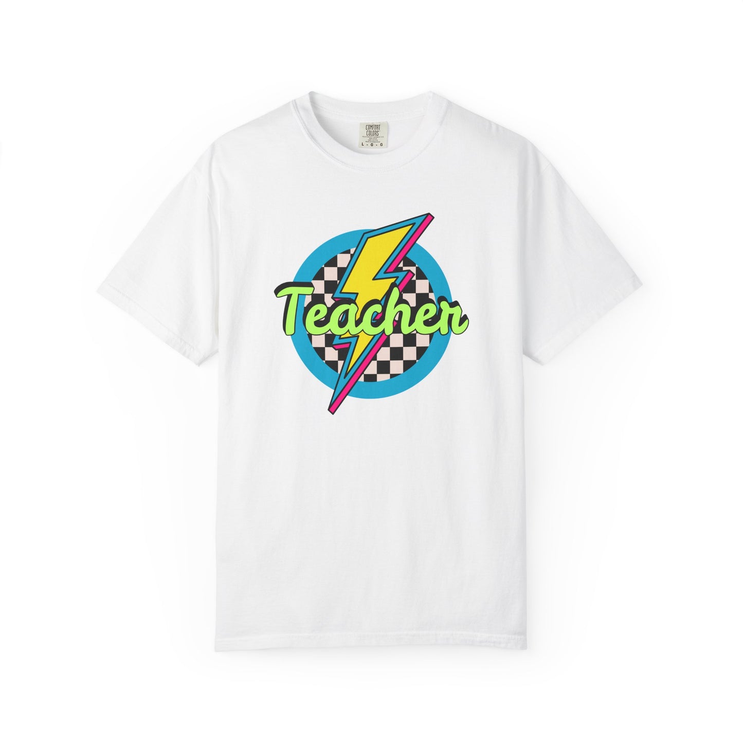 Teacher Lightning Bolt T-Shirt — Retro Checkered Graphic Tee for Educators