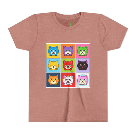 Playful Cat Faces Youth Tee | Cute Animal Shirt for Kids, Stylish Summer T-shirt, Perfect Gift for Cat Lovers, Birthday or Holiday