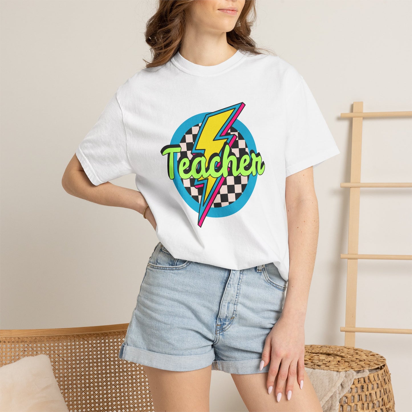 Teacher Lightning Bolt T-Shirt — Retro Checkered Graphic Tee for Educators