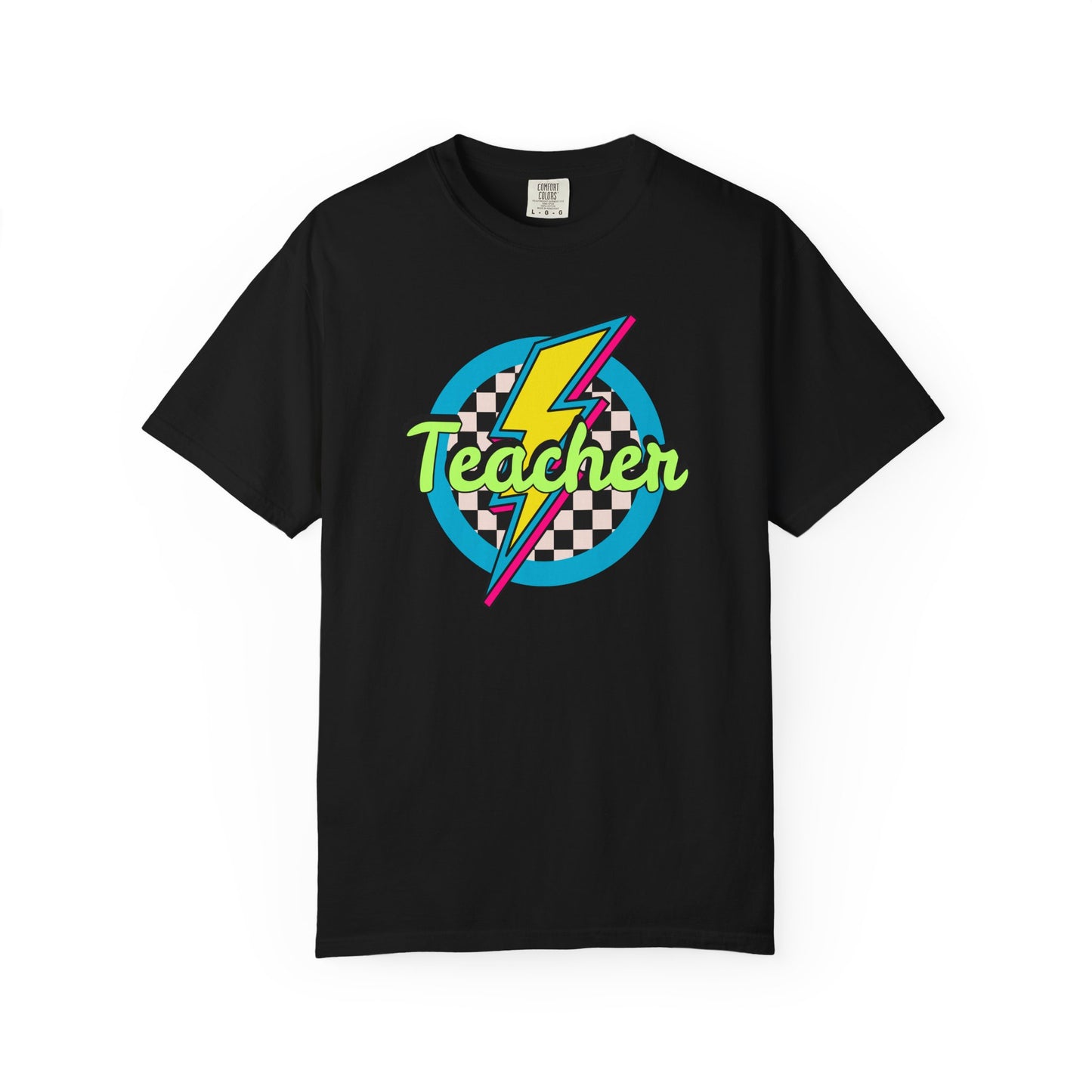 Teacher Lightning Bolt T-Shirt — Retro Checkered Graphic Tee for Educators