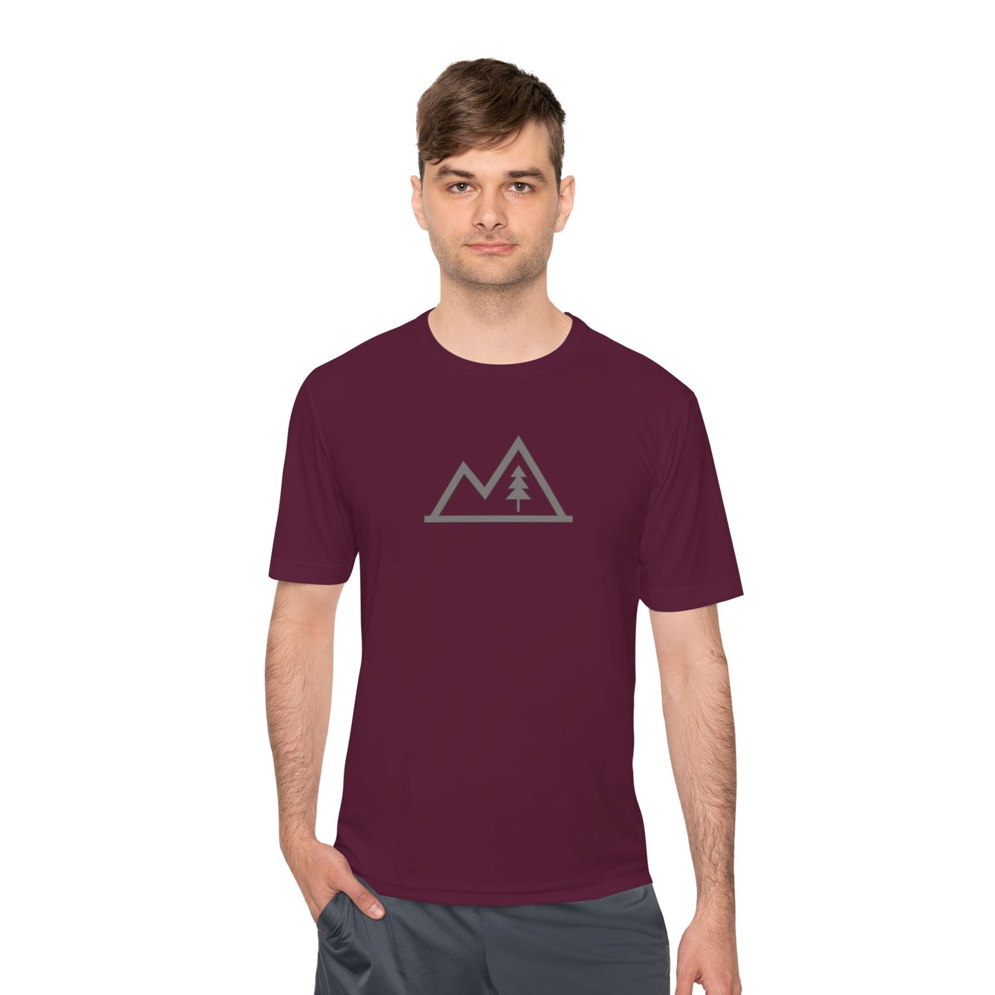 Mountain Outline Tee — Minimal Tree Graphic Performance Shirt