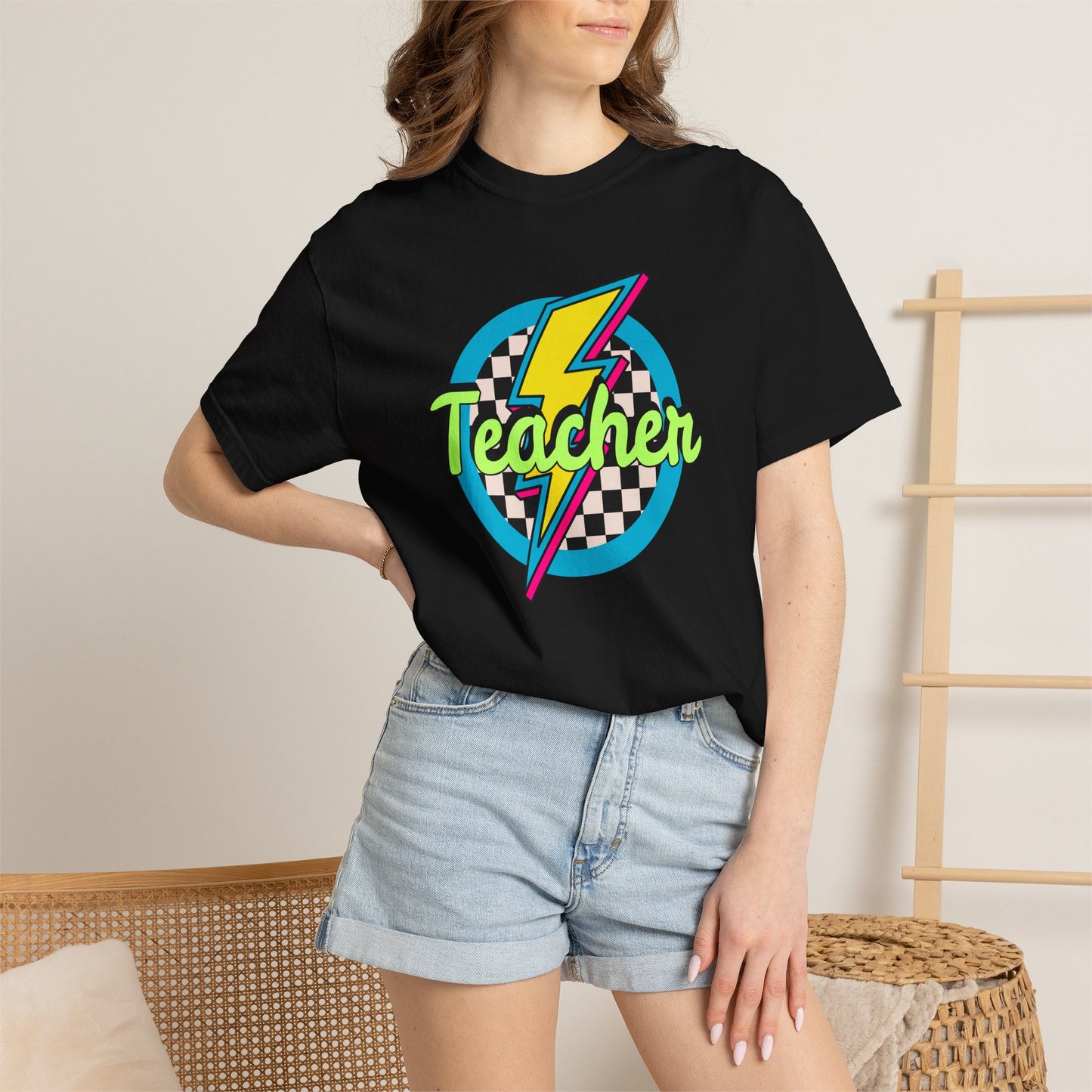 Teacher Lightning Bolt T-Shirt — Retro Checkered Graphic Tee for Educators