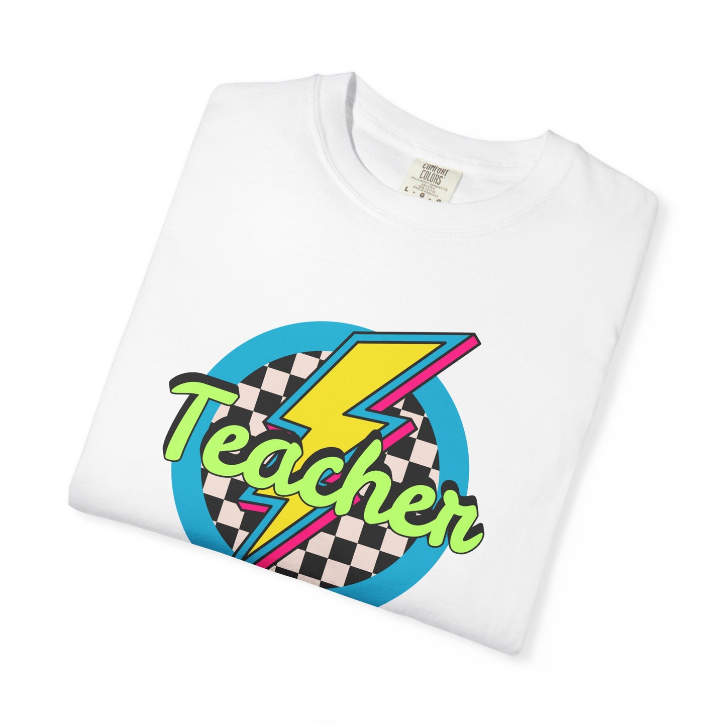 Teacher Lightning Bolt T-Shirt — Retro Checkered Graphic Tee for Educators