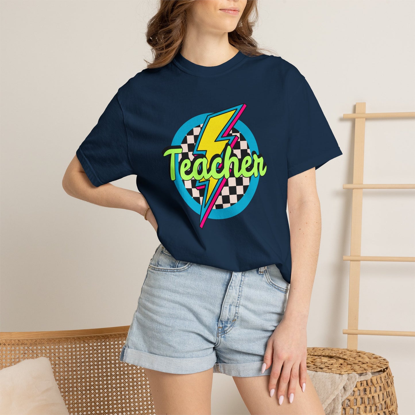 Teacher Lightning Bolt T-Shirt — Retro Checkered Graphic Tee for Educators