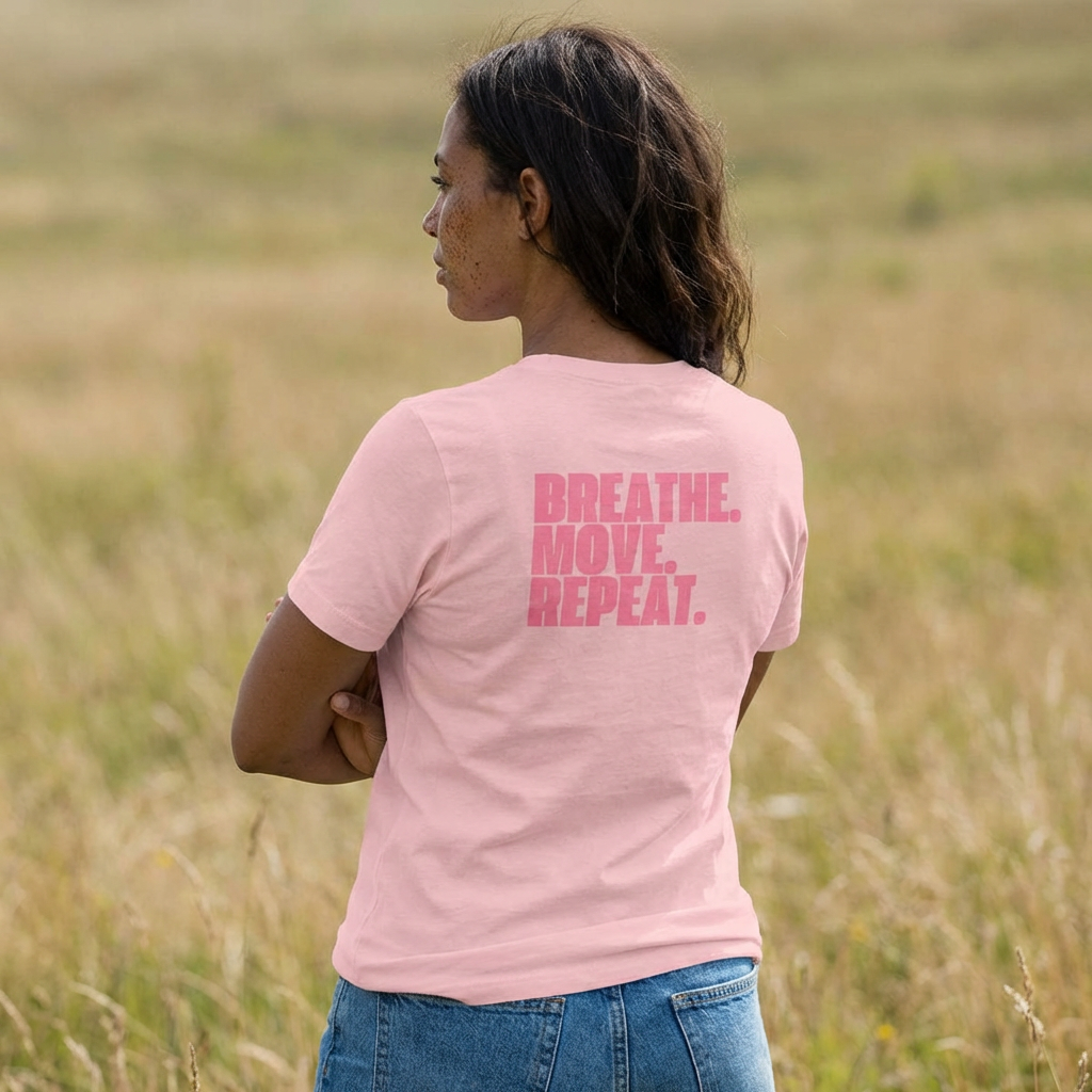 Breathe. Move. Repeat. Women’s Cotton Tee – Motivational Fitness Pink Graphic