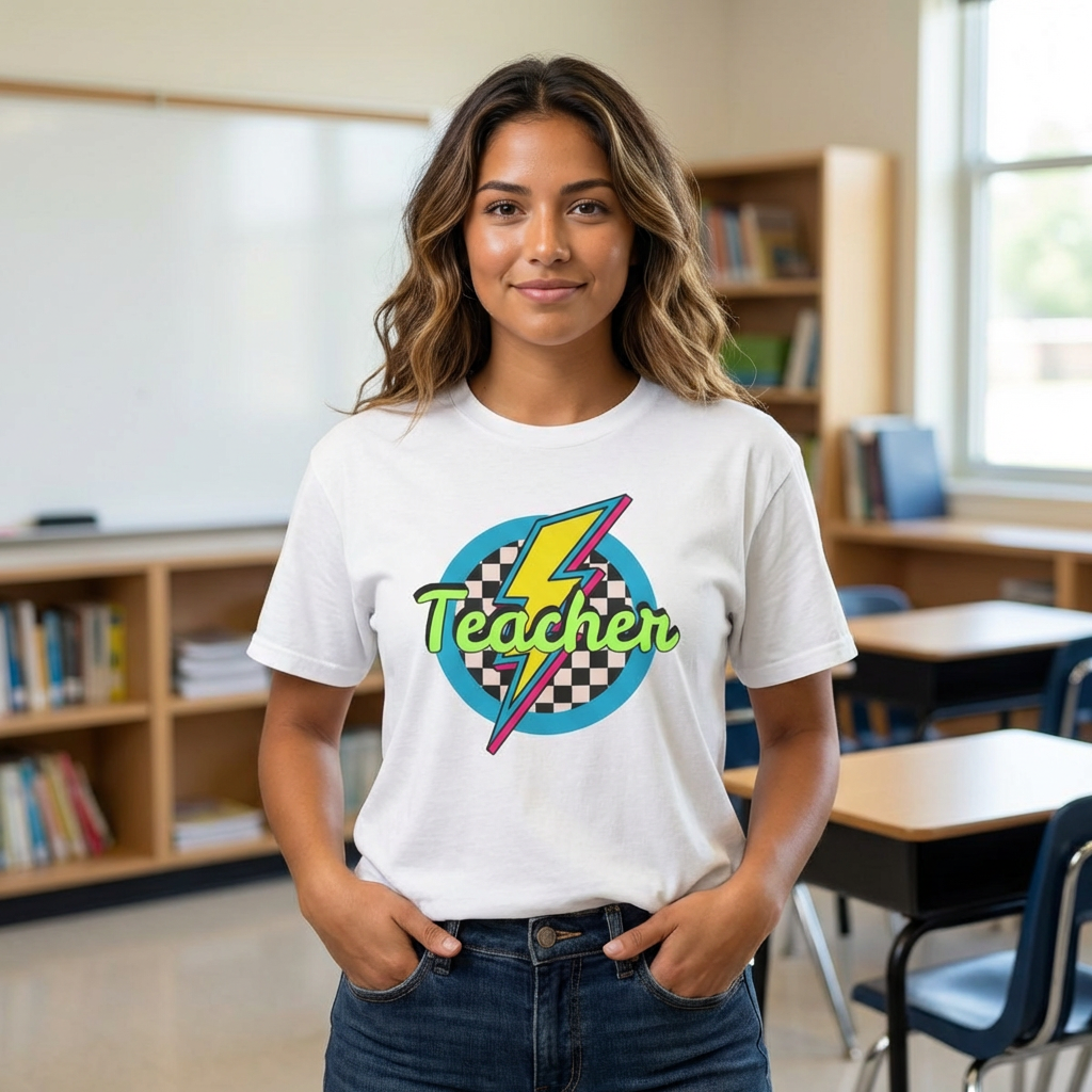Teacher Lightning Bolt T-Shirt — Retro Checkered Graphic Tee for Educators