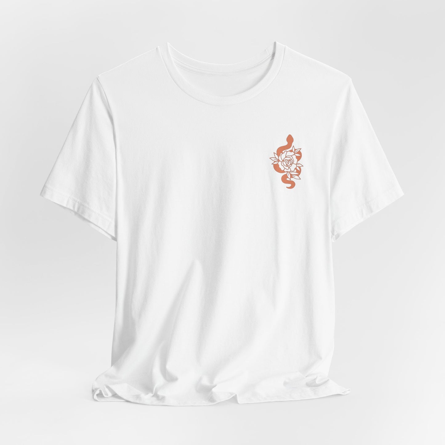 Snake Floral Chest Tee — Small Rose Gold Snake Graphic T‑Shirt