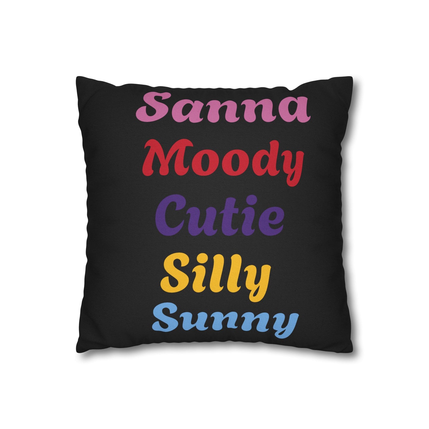 Silly, Sanna, Sunny, Cutie, and Moody Fun Throw Pillow Cover