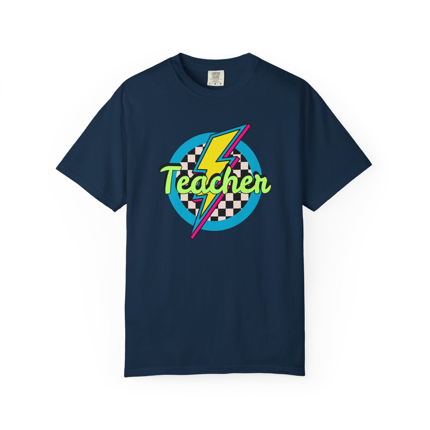 Teacher Lightning Bolt T-Shirt — Retro Checkered Graphic Tee for Educators