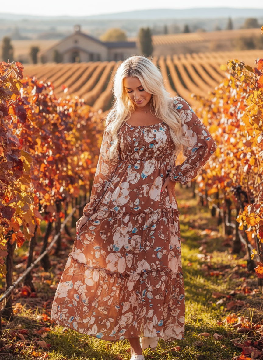 Smocked Printed Long Sleeve Tiered Dress
