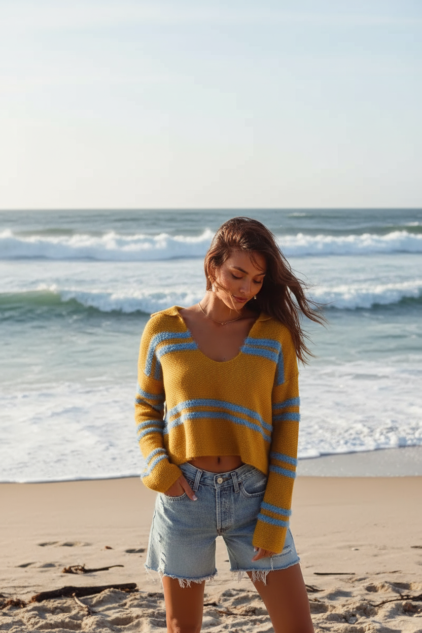 SO ME Fuzzy Hairy Stripe Deep U Neck Swetaer