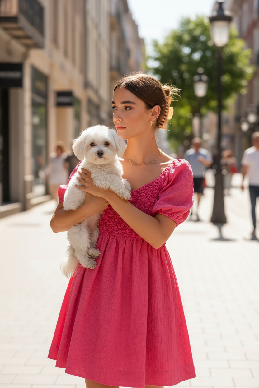 SO ME Textured Woven Daily Dress with Puff Sleeves