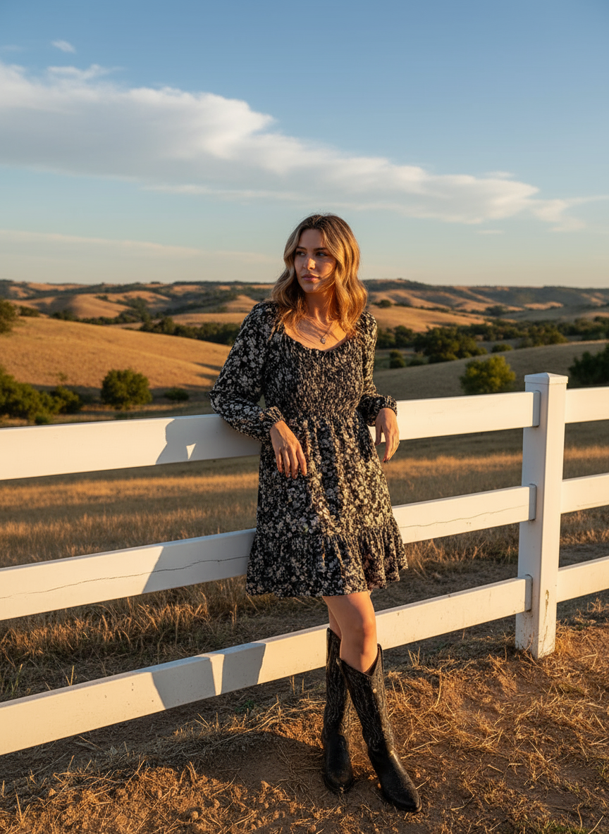 Floral Long Sleeve Frilly Shirred Mini Dress