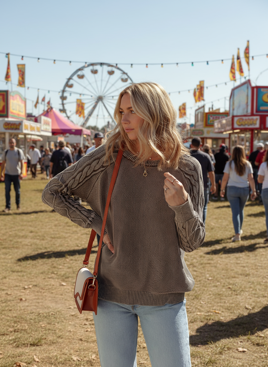 Contrast Cable Knit Sleeve Casual Sweater